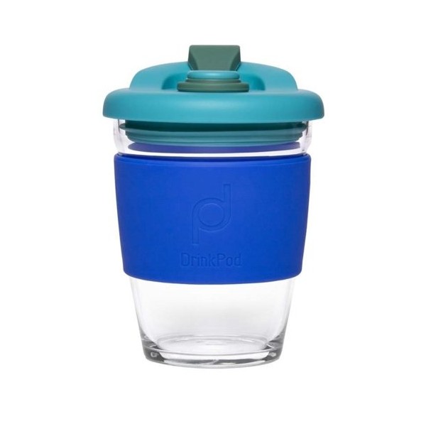Mug vidrio con tapa de silicona 340 cc Azul
